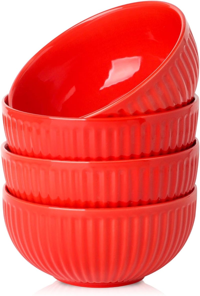 Hasense Large Ceramic Serving Bowls 42 Oz  7 Inch Salad Bowl Set of 4 for KitchenModern Ribbed Porcelain Dishes for EntertainingSoupPhoPastaCereal Noodle  Dishwasher  Microwave Safe Red - Image 1