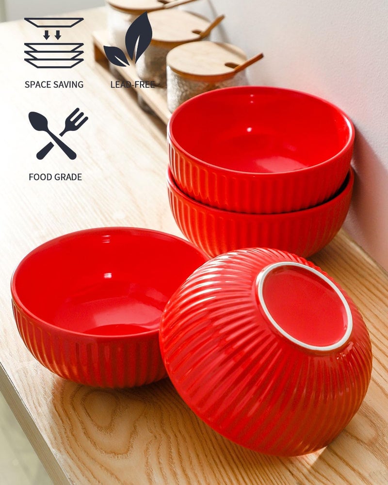 Hasense Large Ceramic Serving Bowls 42 Oz  7 Inch Salad Bowl Set of 4 for KitchenModern Ribbed Porcelain Dishes for EntertainingSoupPhoPastaCereal Noodle  Dishwasher  Microwave Safe Red - Image 3
