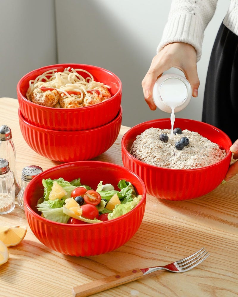 Hasense Large Ceramic Serving Bowls 42 Oz  7 Inch Salad Bowl Set of 4 for KitchenModern Ribbed Porcelain Dishes for EntertainingSoupPhoPastaCereal Noodle  Dishwasher  Microwave Safe Red - Image 5