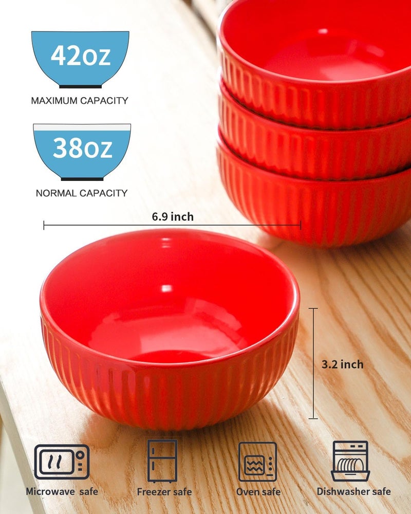 Hasense Large Ceramic Serving Bowls 42 Oz  7 Inch Salad Bowl Set of 4 for KitchenModern Ribbed Porcelain Dishes for EntertainingSoupPhoPastaCereal Noodle  Dishwasher  Microwave Safe Red - Image 2