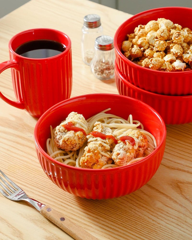 Hasense Large Ceramic Serving Bowls 42 Oz  7 Inch Salad Bowl Set of 4 for KitchenModern Ribbed Porcelain Dishes for EntertainingSoupPhoPastaCereal Noodle  Dishwasher  Microwave Safe Red - Image 4