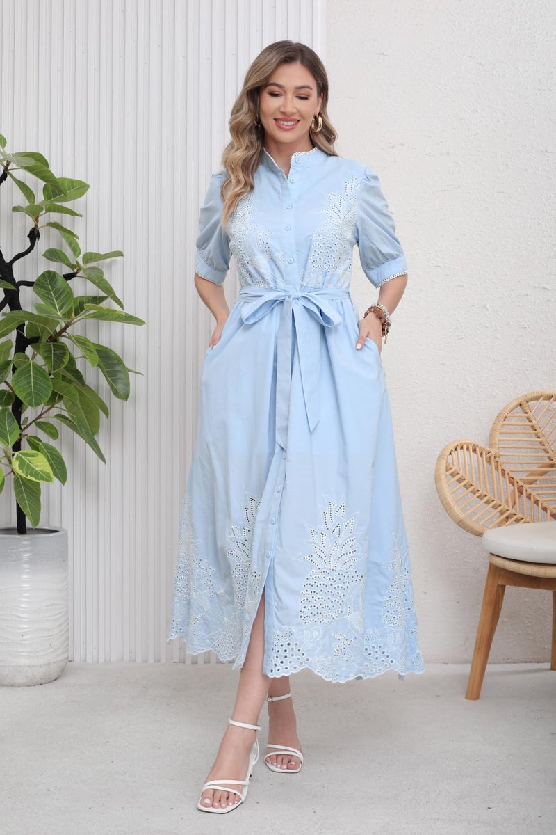 utcoco Women's Embroidered Eyelet Shirt Dresses Belted Puff Sleeve Button Down Swing Boho Cotton Maxi Shirt Dress (Small, Blue) - Image 2
