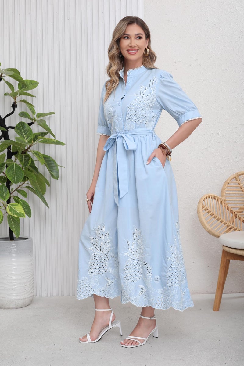utcoco Women's Embroidered Eyelet Shirt Dresses Belted Puff Sleeve Button Down Swing Boho Cotton Maxi Shirt Dress (Small, Blue) - Image 5