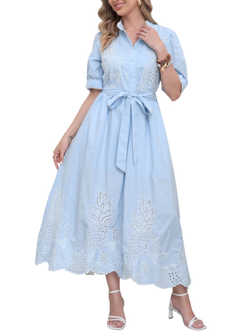 utcoco Women's Embroidered Eyelet Shirt Dresses Belted Puff Sleeve Button Down Swing Boho Cotton Maxi Shirt Dress (Small, Blue) - Image 1