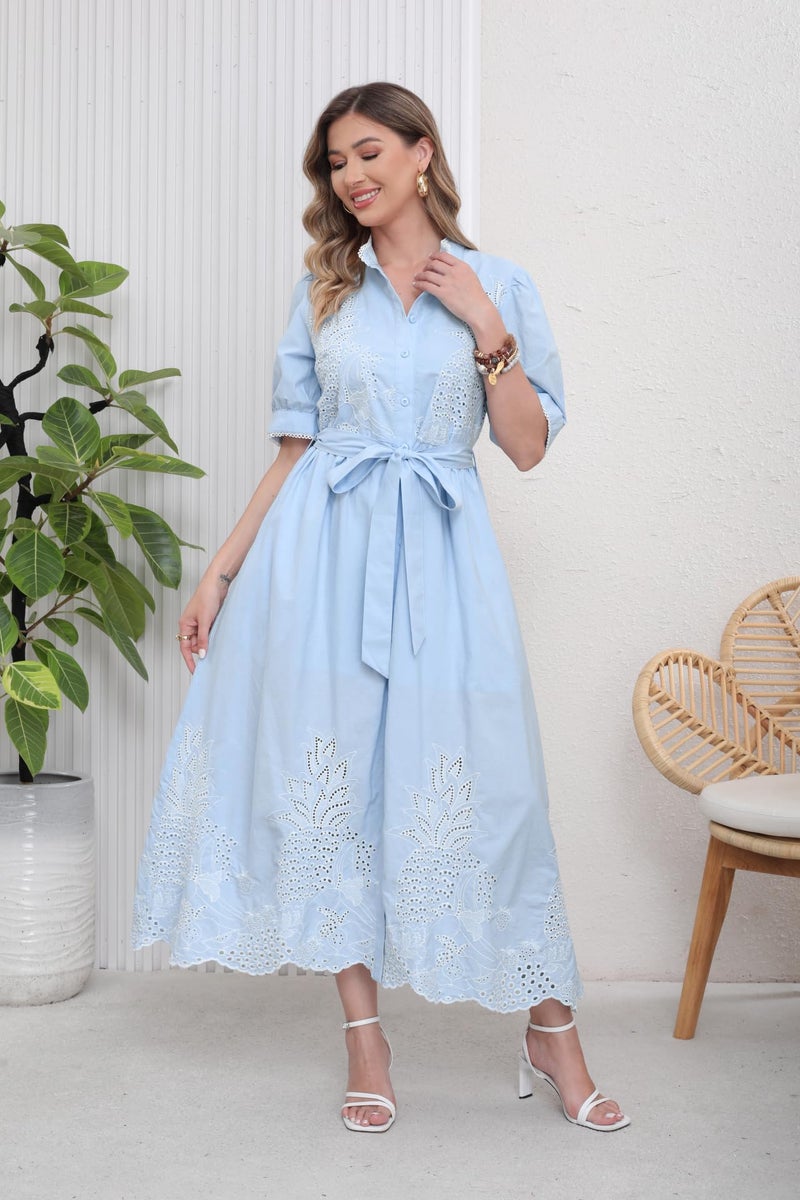 utcoco Women's Embroidered Eyelet Shirt Dresses Belted Puff Sleeve Button Down Swing Boho Cotton Maxi Shirt Dress (Small, Blue) - Image 3