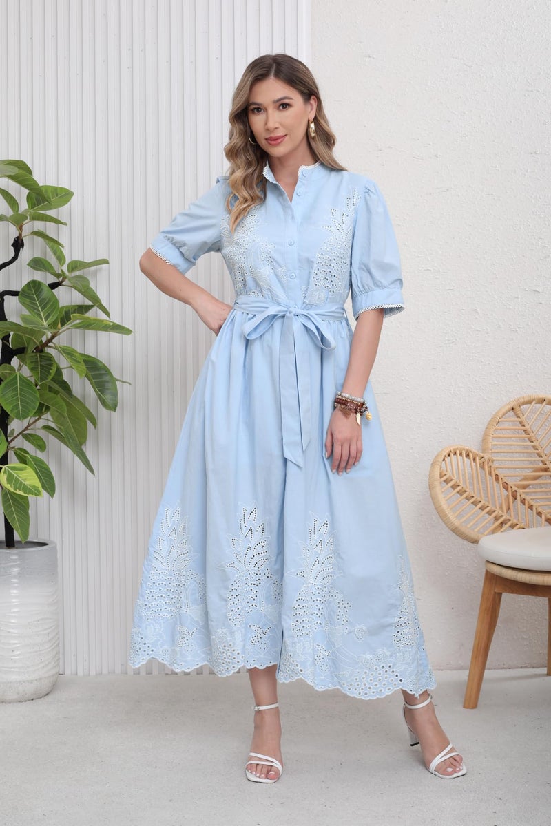 utcoco Women's Embroidered Eyelet Shirt Dresses Belted Puff Sleeve Button Down Swing Boho Cotton Maxi Shirt Dress (Small, Blue) - Image 4