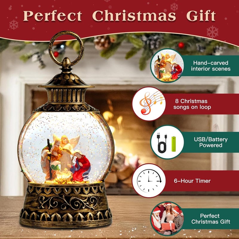Aixuler Christmas Nativity Snow Globe, Nativity Musical Snow Globe Lantern Lights with 6H Timer Battery & USB Powered, Retro Style Holiday Glitter Globe for Xmas Home Decoration Holiday Party Gifts - Image 2