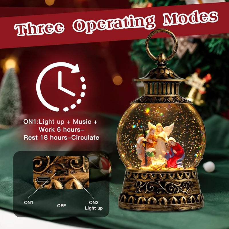 Aixuler Christmas Nativity Snow Globe, Nativity Musical Snow Globe Lantern Lights with 6H Timer Battery & USB Powered, Retro Style Holiday Glitter Globe for Xmas Home Decoration Holiday Party Gifts - Image 5