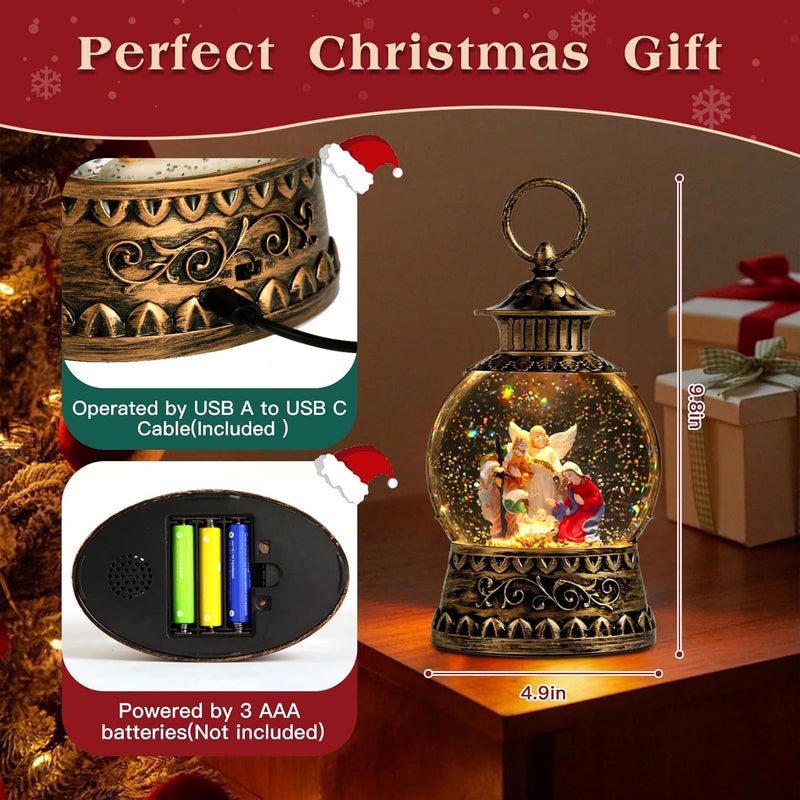 Aixuler Christmas Nativity Snow Globe, Nativity Musical Snow Globe Lantern Lights with 6H Timer Battery & USB Powered, Retro Style Holiday Glitter Globe for Xmas Home Decoration Holiday Party Gifts - Image 4