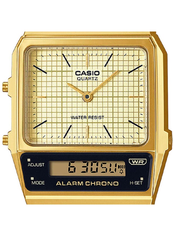 CASIO Unisex Watch Vintage Rectangular Shape Digital Analog Gold Dial Stainless Steel Band AQ-800EG-9ADF - Image 3