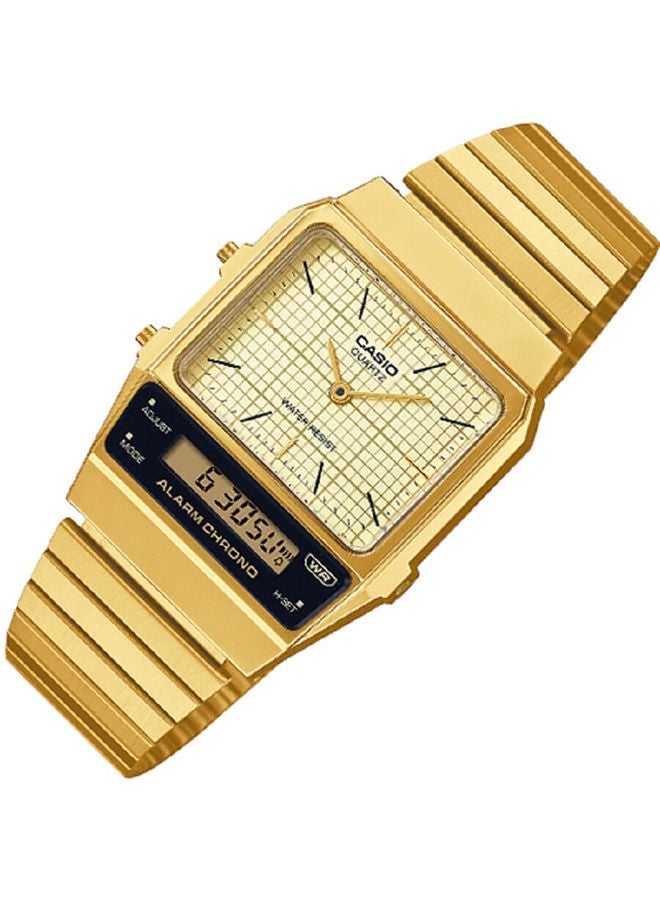 CASIO Unisex Watch Vintage Rectangular Shape Digital Analog Gold Dial Stainless Steel Band AQ-800EG-9ADF - Image 2
