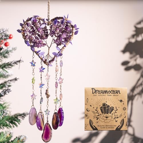 Dreamocean Heart Crystal Suncatcher, Dreamocean Amethyst Sun Catcher for Windows Haning Decor Crystal Tree of Life Dream Catchers Wall Hangings Outdoor Garden Decor for Adults Girls - Image 1