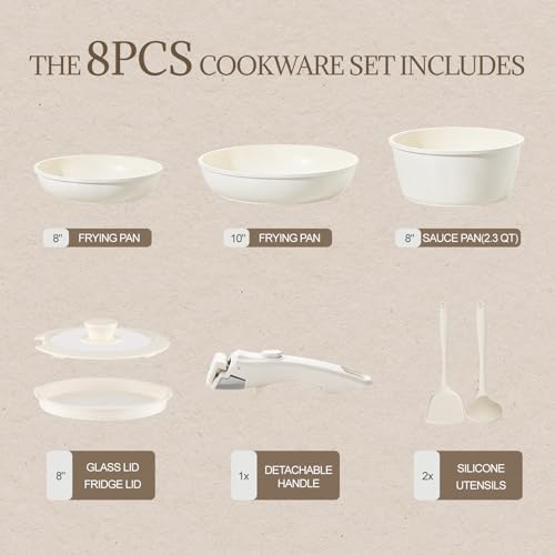 Coicur Ceramic Cookware Set Non Stick 8Pcs Pots and Pans Set Detachable Handle Induction Kitchen Cooking Set with Frying Pans Oven Dishwasher Safe PFASPFOA Free Cream White - Image 3