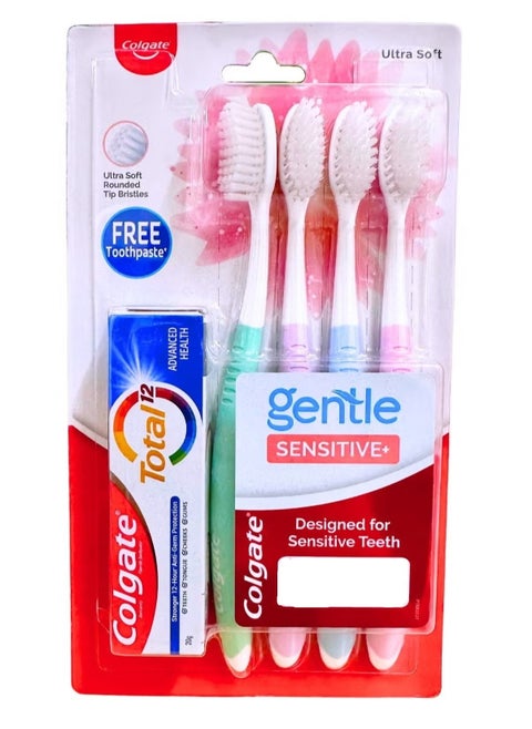 Gentle Sensitive Toothbrush ultra soft multicolour pack of 4 With toothpaste