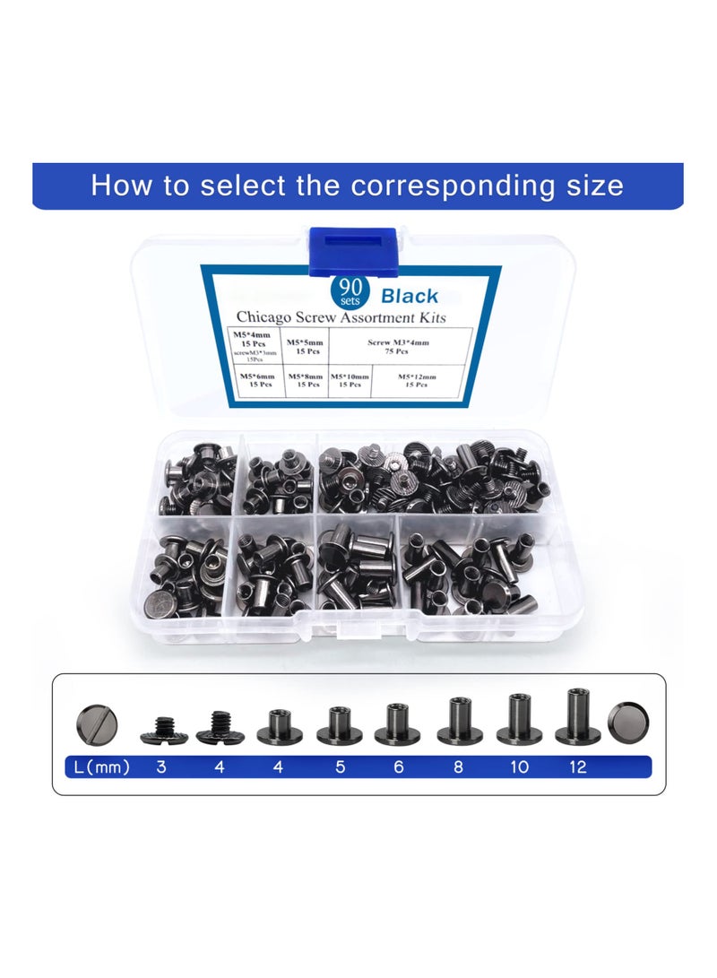 SOLARAE 90 Sets Screws Assorted Kit, 6 Sizes of Round Flat Head Leather Rivets Metal Screw Studs for DIY Leather Craft and Bookbinding (M5 X 4, 5, 6, 8, 10, 12) (Black) - Image 2