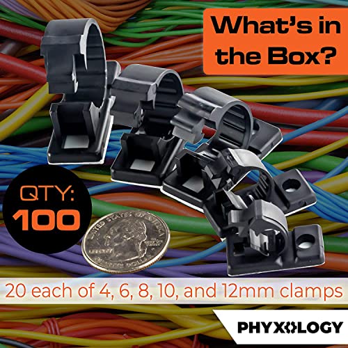 PHYXOLOGY SUPPLY - Pro-Grade, Adhesive-Backed Cable Clamps. Multi-Size Set of 20x 4, 6, 8, 10 and 12 mm Black Clips - Wire Management, Cord Organization - Home and Office Tools-Free Install (100 Pk) - Image 3