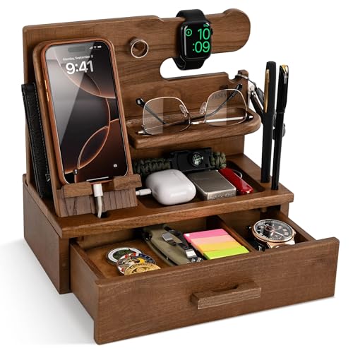 TESLYAR Wood Phone Docking Station with Drawer - Nightstand Organizer - Desk Organizer for Husband - Birthday Gifts for Men, Dad, Anniversary Idea, Key Holder Stand Watch & Accessories (Desert Beige) - Image 1