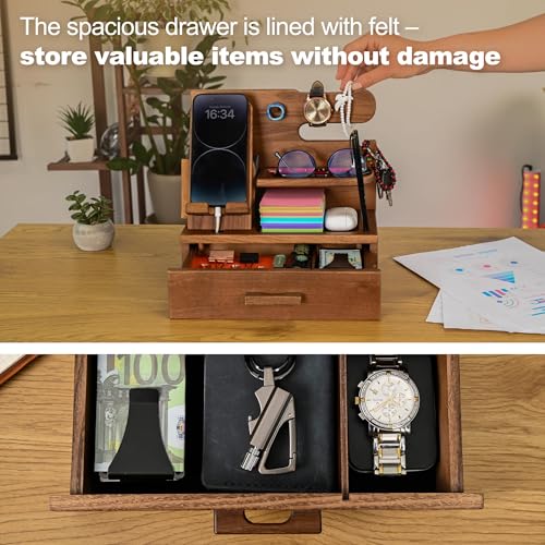 TESLYAR Wood Phone Docking Station with Drawer - Nightstand Organizer - Desk Organizer for Husband - Birthday Gifts for Men, Dad, Anniversary Idea, Key Holder Stand Watch & Accessories (Desert Beige) - Image 2
