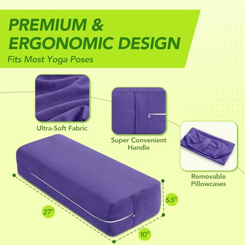 Wellsin Yoga Bolster Pillow for Restorative - Yoga Meditation Pillow with Washable Suede Cover, 27"X10" X5.5", Purple - Image 2