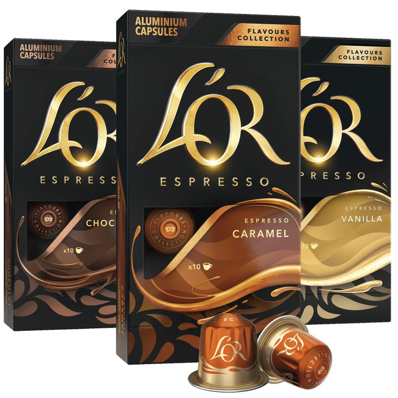 L'OR Espresso Capsules, 30 Count Variety Pack Vanilla/Chocolate/Caramel, Single-Serve Aluminum Coffee Capsules Compatible with the L'OR BARISTA System & *Nespresso Original Machines - Image 1