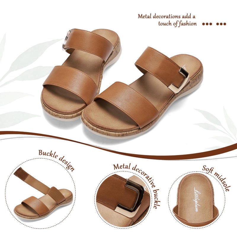 Littleplum Women Slides Sandals Arch Support Open Toe Slip on Sandals Soft Cushion Slippers Comfy Casual Summer Shoes for Walking Beach Travel Brown Size 8 - Image 3