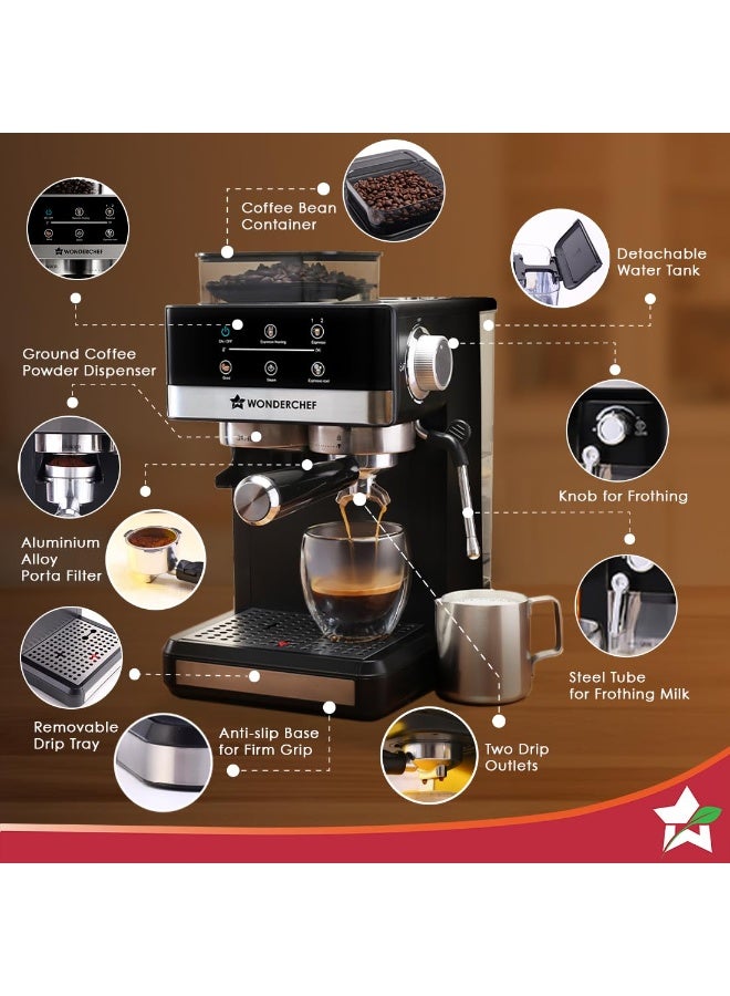 Wonderchef Regalia Espresso Machine & Coffee Grinder, 20-bar Pressure, Café-Style Espresso with Freshly Ground Beans, Hot & Cold Brew, 20 Grinding Options, Perfect Gift, 2-Yr Warranty - Image 4