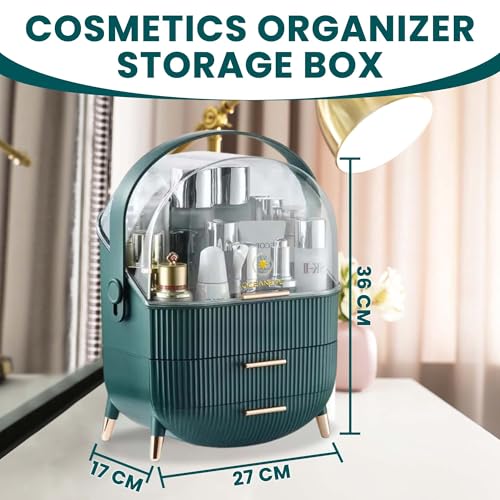 Oceanevo Cosmetic Makeup Organizer Box for Women with Makeup Sponge, Dressing Table Organizer with Drawer for Storage of Skincare, Perfume, Lipstick - 36 Cm x 27 Cm x 17 Cm - Model 2 - Dark Green - Image 3
