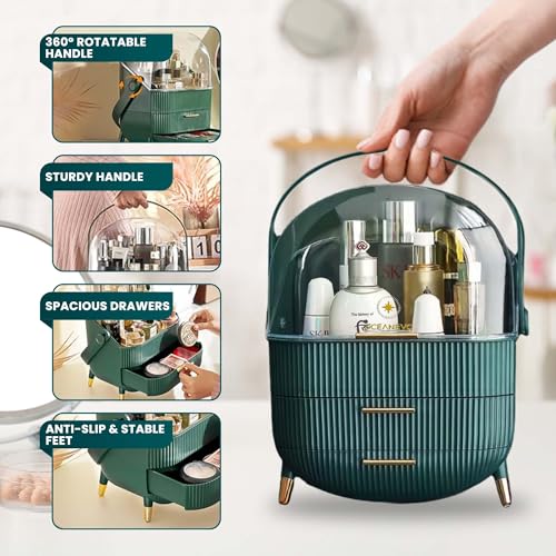 Oceanevo Cosmetic Makeup Organizer Box for Women with Makeup Sponge, Dressing Table Organizer with Drawer for Storage of Skincare, Perfume, Lipstick - 36 Cm x 27 Cm x 17 Cm - Model 2 - Dark Green - Image 4