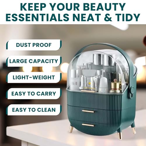 Oceanevo Cosmetic Makeup Organizer Box for Women with Makeup Sponge, Dressing Table Organizer with Drawer for Storage of Skincare, Perfume, Lipstick - 36 Cm x 27 Cm x 17 Cm - Model 2 - Dark Green - Image 5