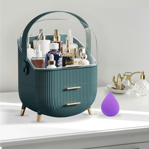 Oceanevo Cosmetic Makeup Organizer Box for Women with Makeup Sponge, Dressing Table Organizer with Drawer for Storage of Skincare, Perfume, Lipstick - 36 Cm x 27 Cm x 17 Cm - Model 2 - Dark Green - Image 1