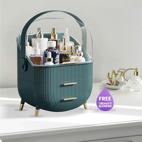 Oceanevo Cosmetic Makeup Organizer Box for Women with Makeup Sponge, Dressing Table Organizer with Drawer for Storage of Skincare, Perfume, Lipstick - 36 Cm x 27 Cm x 17 Cm - Model 2 - Dark Green - Image 2