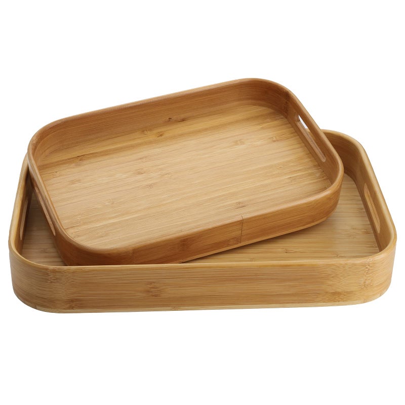Dicunoy Set of 2 Bamboo Serving Tray  Solid Wood Breakfast Tray with Handles and Arc Angles  Large Size for Food  Dinner  Tea  Coffee  Bar  Parties  15.6"" L x 10.8"" W /12.6"" L x 8.5"" W - Image 1