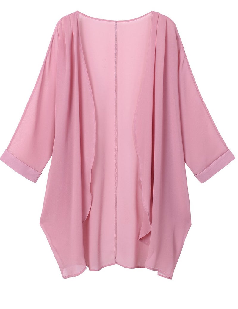 olrain Women's Floral Print Sheer Chiffon 3/4 Bat Sleeve Casual Loose Kimono Cardigan Capes (XX-Large, Pink) - Image 4