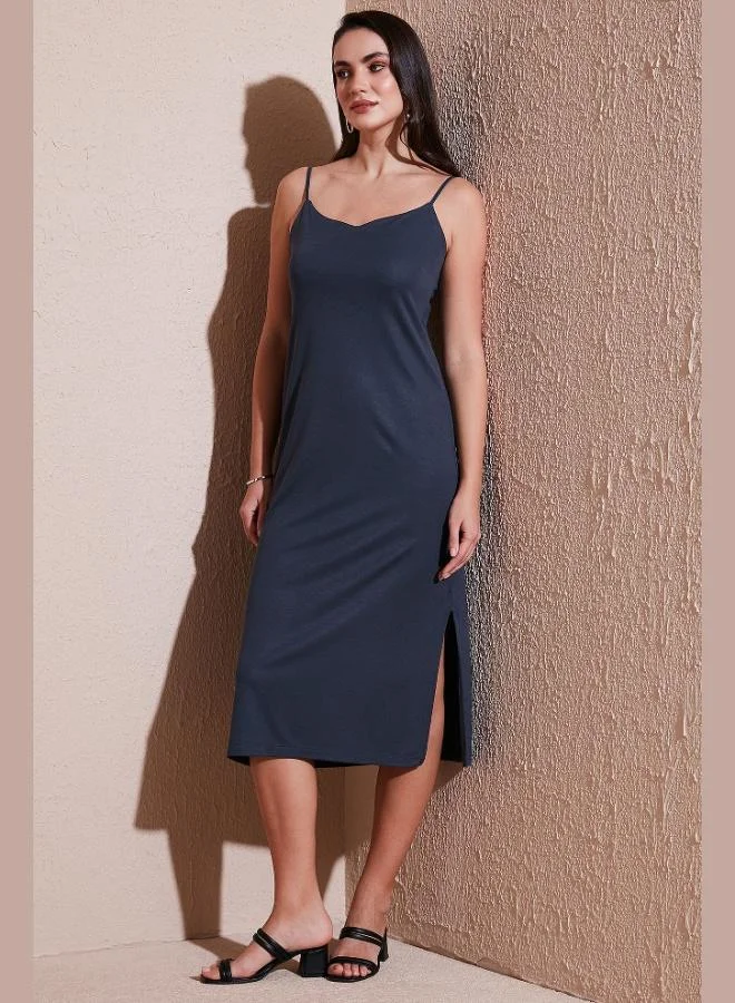 ليلا فستان ميدي ليلا بقصة عادية بحمالات حبل وفتحة جانبية للنساء