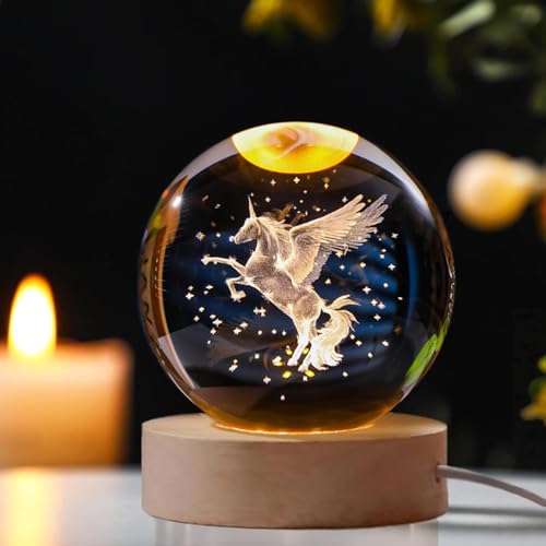 Hudux 3D Univarse 1 Color Unicorn Horse Crystal Ball Night Light, 2.4 Inch Unicorn Horse Crystal Ball Dim Night Lamp With Wooden Base Stand, Small Night Lamp For Home Office Desktop Decoration,Led - Image 3