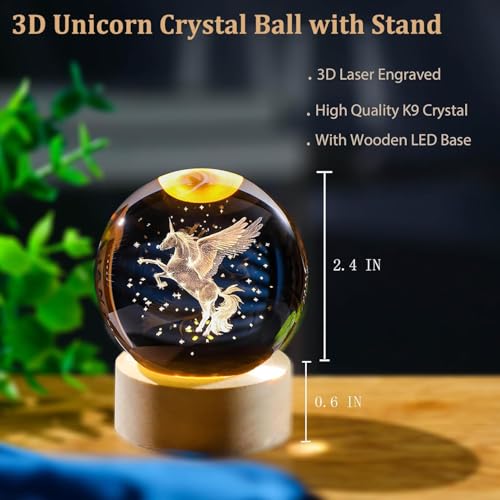 Hudux 3D Univarse 1 Color Unicorn Horse Crystal Ball Night Light, 2.4 Inch Unicorn Horse Crystal Ball Dim Night Lamp With Wooden Base Stand, Small Night Lamp For Home Office Desktop Decoration,Led - Image 5