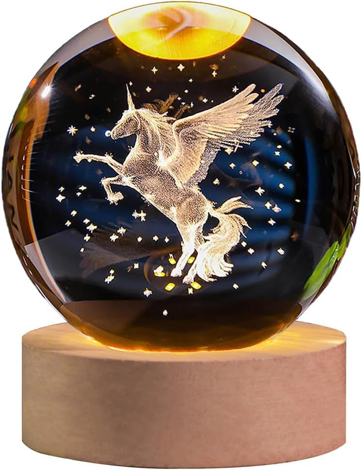 Hudux 3D Univarse 1 Color Unicorn Horse Crystal Ball Night Light, 2.4 Inch Unicorn Horse Crystal Ball Dim Night Lamp With Wooden Base Stand, Small Night Lamp For Home Office Desktop Decoration,Led - Image 1