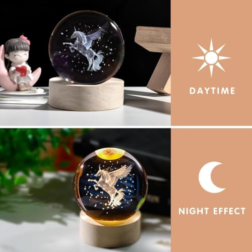 Hudux 3D Univarse 1 Color Unicorn Horse Crystal Ball Night Light, 2.4 Inch Unicorn Horse Crystal Ball Dim Night Lamp With Wooden Base Stand, Small Night Lamp For Home Office Desktop Decoration,Led - Image 2