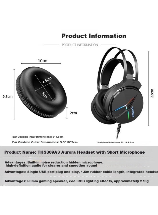 Taidu Ths309a3 Aurora Gaming Headset Wired Headset E-sports Short Mic Earphone Desktop Usb Stereo Chicken Delta Action Black