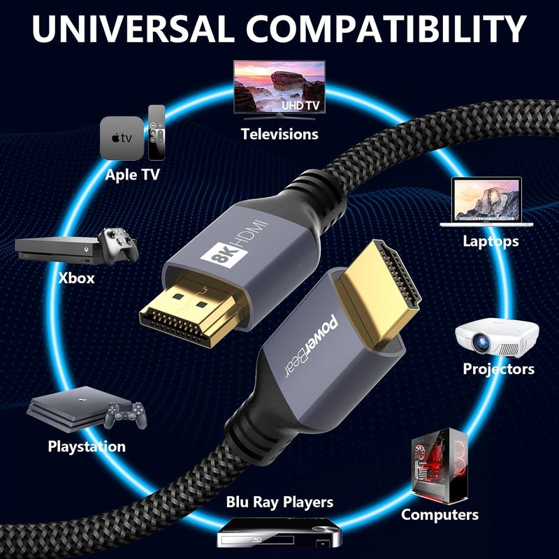 PowerBear 10K 8K HDMI 2.1 Cable 15 ft | 48Gbps High Speed 4K@120Hz Braided Cord 144Hz 8K@60Hz, eARC, Dynamic HDR 10,for Laptop, Monitor, PS5, PS4, Xbox One, Fire TV, Apple TV - Image 5