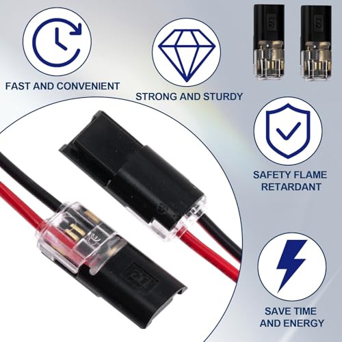 Hzopcw 60pcs Quick Clip Fasteners Wire Connector, Plug-in Cable Quick Connectors with Locking Buckle, Double-Wire Snap on Blocks for Low-Voltage 18-22AWG Cable LED Strips DIY Craft- Black - Image 3