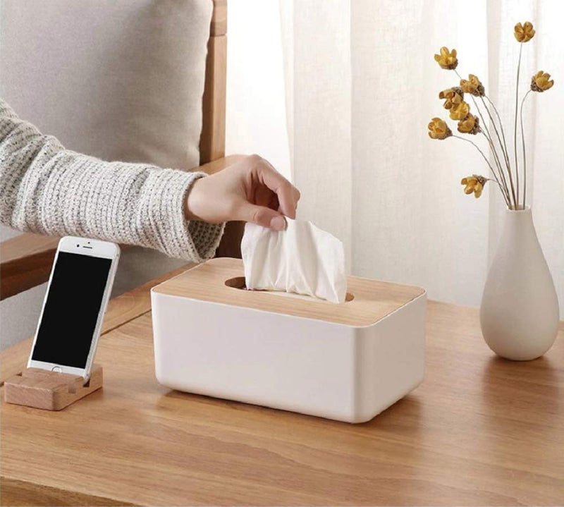 VEDHAK Square Shape Wooden Cover Plastic Tissue Box Holder, Elegant Paper Napkin Dispenser and Organizer for Car, Home, Living Room, Office, and Hotel Décor, Stylish and Durable Tissue Holder Case. - Image 3