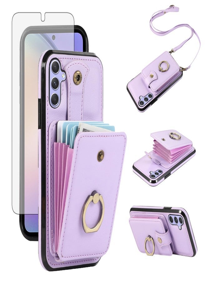 أسو ويش جراب هاتف Asuwish لهاتف سامسونج جالاكسي A15 5G/4G، غطاء محفظة مع واقي شاشة وحزام كتف وحلقة تثبيت، مزود بفتحة لبطاقات الائتمان بتقنية RFID وحامل لبطاقات الهوية، مصنوع من الجلد، لون بنفسجي، مناسب للنساء والفتيات. - Image 1