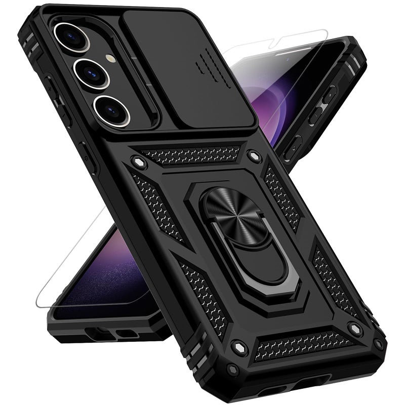PUSHIMEI for Samsung Galaxy S25 Plus Case with Slide Camera Cover HD Screen Protector [Military Grade Drop Tested] Magnetic Ring Holder Kickstand Protective Phone Case for Samsung Galaxy S25+ Plus 2025, Black - Image 1