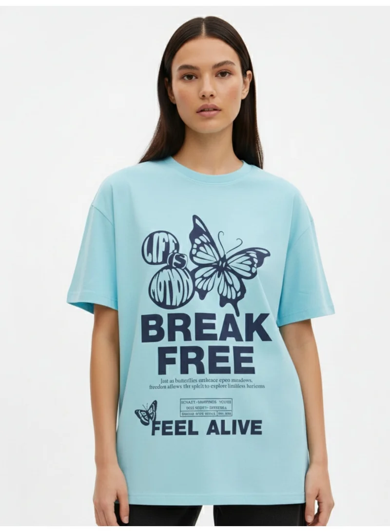 OUTZIDR  Blue Crew Neck Graphic Tshirt for Women | Best Price UAE
