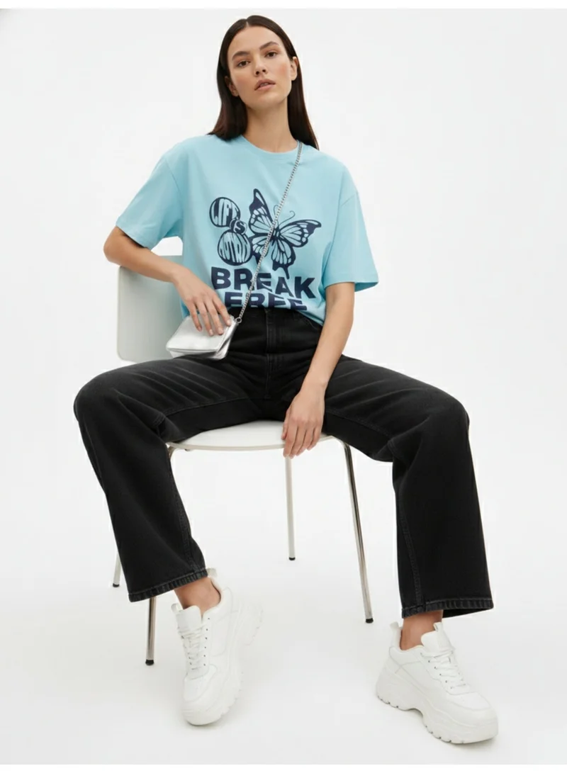 OUTZIDR  Blue Crew Neck Graphic Tshirt for Women | Best Price UAE