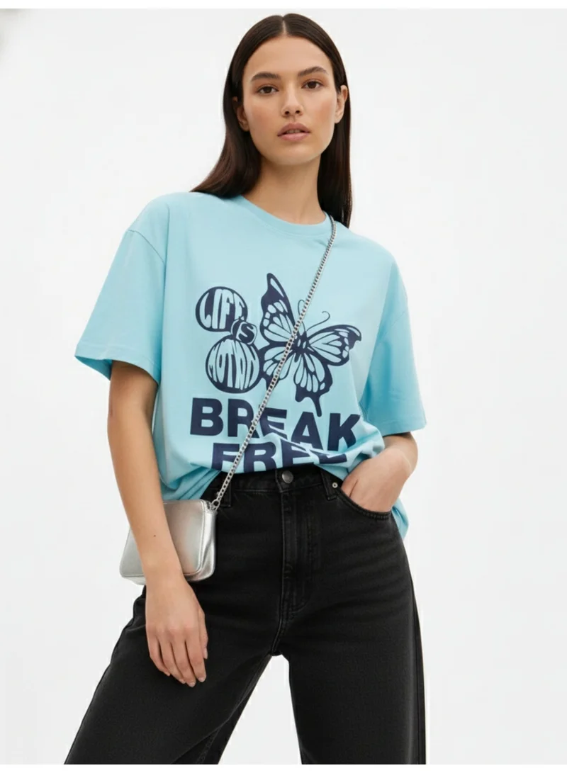 OUTZIDR  Blue Crew Neck Graphic Tshirt for Women | Best Price UAE