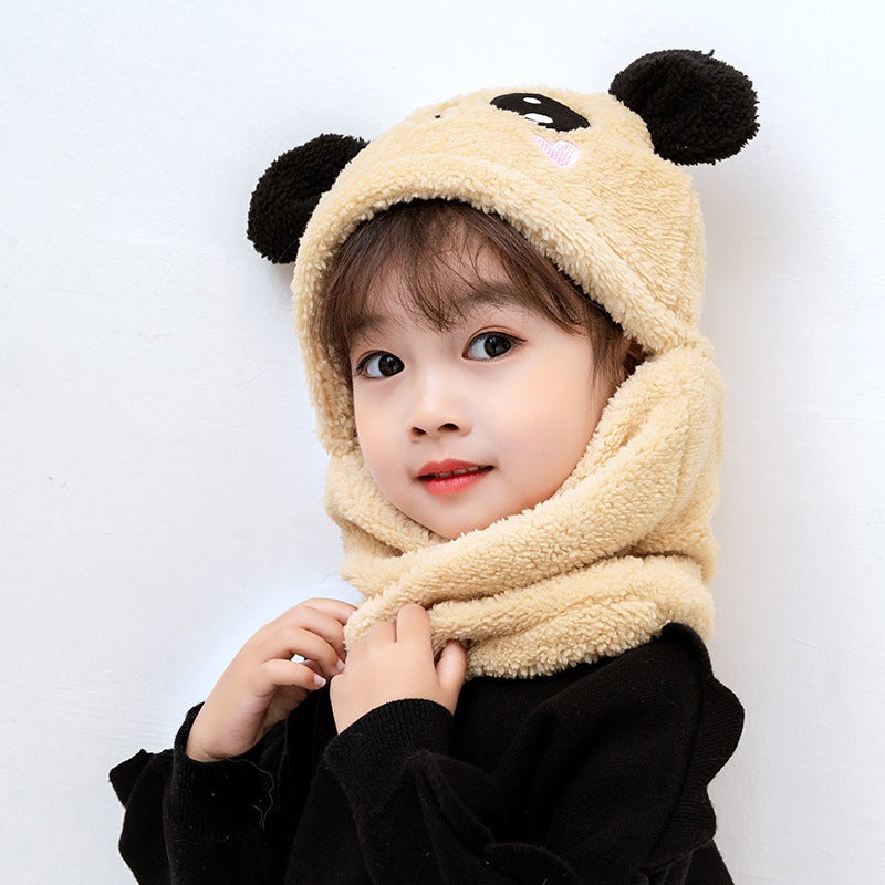 Kids Fleece Panda Hoodie Hat Earflap Winter Brown  - Image 2
