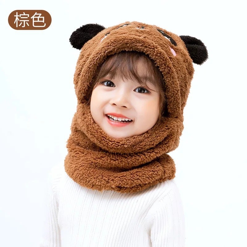 Kids Fleece Panda Hoodie Hat Earflap Winter Brown  - Image 1