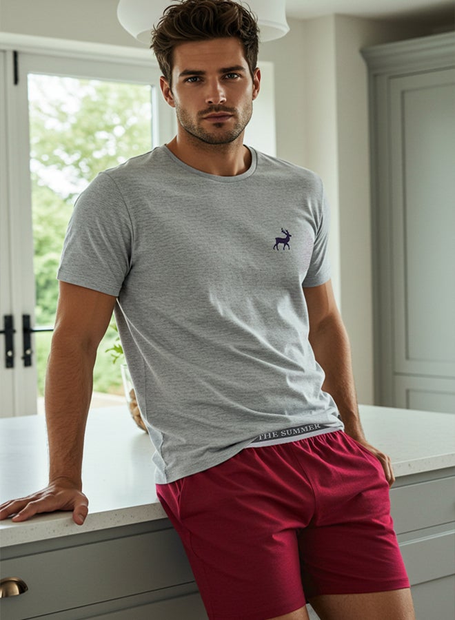 Trendyol Man Grey Melange- Claret Red Slim Fit Dowry Deer Embroidered Shorts Knitted Pajama Set - Image 1